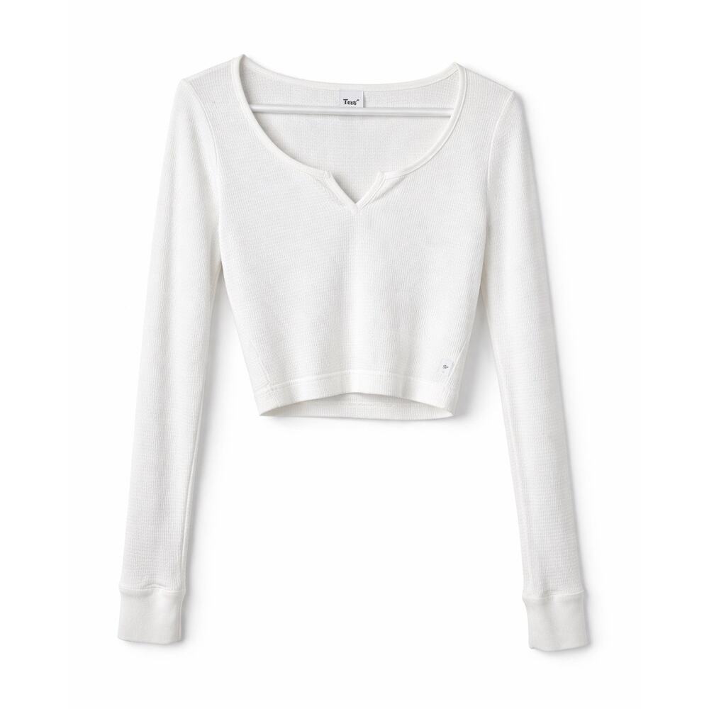 Aritzia TNA White Waffle Knit Cropped Long Sleeve Top – Size M